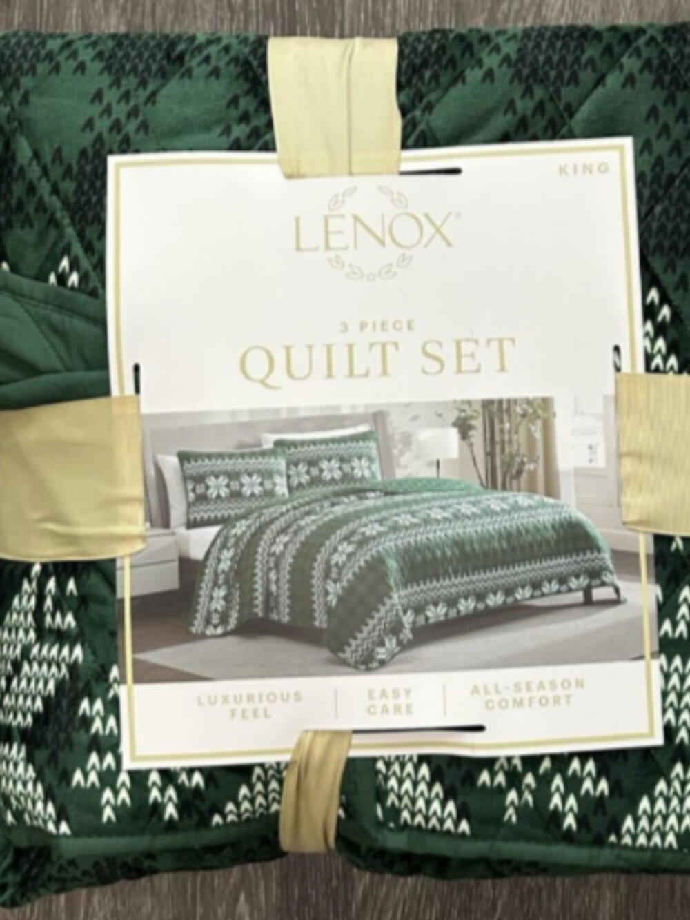 Lenox 3 Piece Quilt Set King Green Fair Isle Quilted Bedding Shams Holiday New